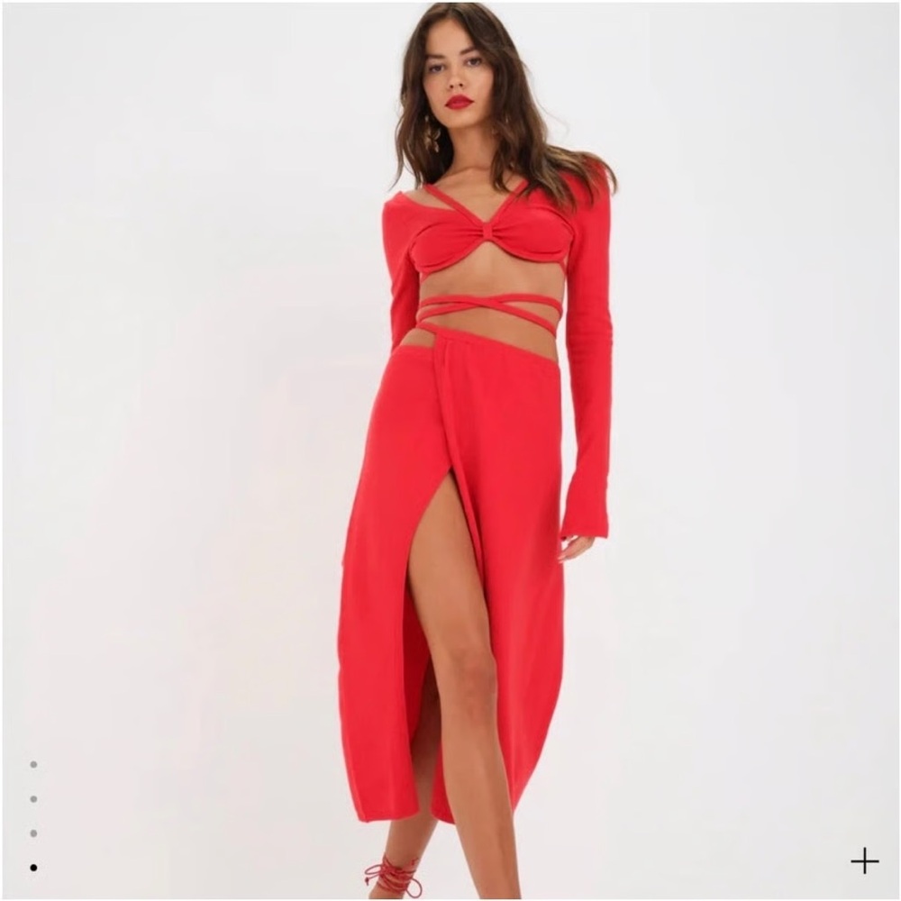 NWT For Love And Lemons S Edith Crop 0305 Sweater Red Tie-Front Blouse small